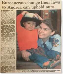 Constable Andrea Heath and son Edward in 1993 (courtesy of The Mercury Newspaper, Hobart)