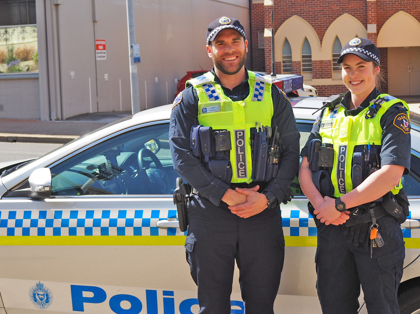 Constables Lee Baily and Annika Coles at Burnie launch of Body Worn Cameras 