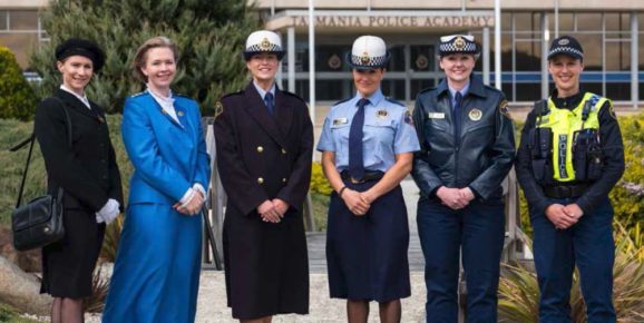 Uniforms throughout the years, from L to R: Senior Constable Tanya Dooley in pre-1960s uniform, Sergeant Brenda Orr in 1970s mess dress, Constable Jessica Callahan in 1980s uniform, Constable Ysanne Harper in 1990s uniform, Senior Constable Jillinda Mollon in 2000s uniform and Constable Rosie Helm in 2017 uniform.