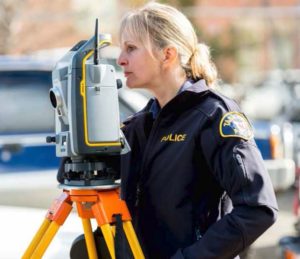 Constable Kelly Cordwell surveying a crash scene