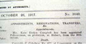 The Tasmania Police Gazette notice from October 1917 announces Kate Campbell’s appointment