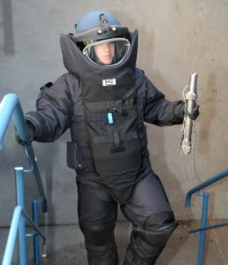 Constable Michelle Rybarczyk in her full bomb squad protective suit