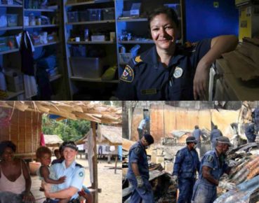 Top Sergeant Katrina Chivers was deployed after the Victorian bushfires and to the Netherlands (courtesy of The Advocate Newspaper), Left Then Senior Constable Natasha Freeman on deployment in the Solomon Islands, Right Searching the ruins, Honiara, Solomon Islands (courtesy Senior Sergeant Kerrie Whitwam)