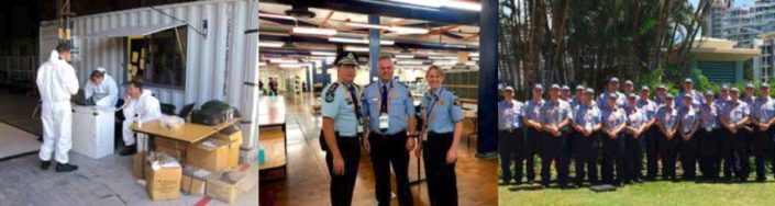 Left Searching the ruins, Honiara, Solomon Islands (courtesy Senior Sergeant Kerrie Whitwam), Middle Queensland Police Commissioner Ian Stewart with Inspector Peter Harriss and Inspector Kathy Bennett, Right The Tasmanian general duties G20 contingent in Brisbane