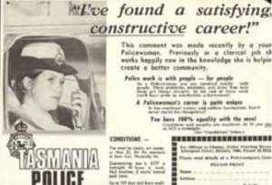 A recruitment ad from the 1970s describes policing as a “fascinating life” for women