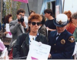 Protester under arrest in 1988 (courtesy of the Tasmanian Museum and Art Gallery)